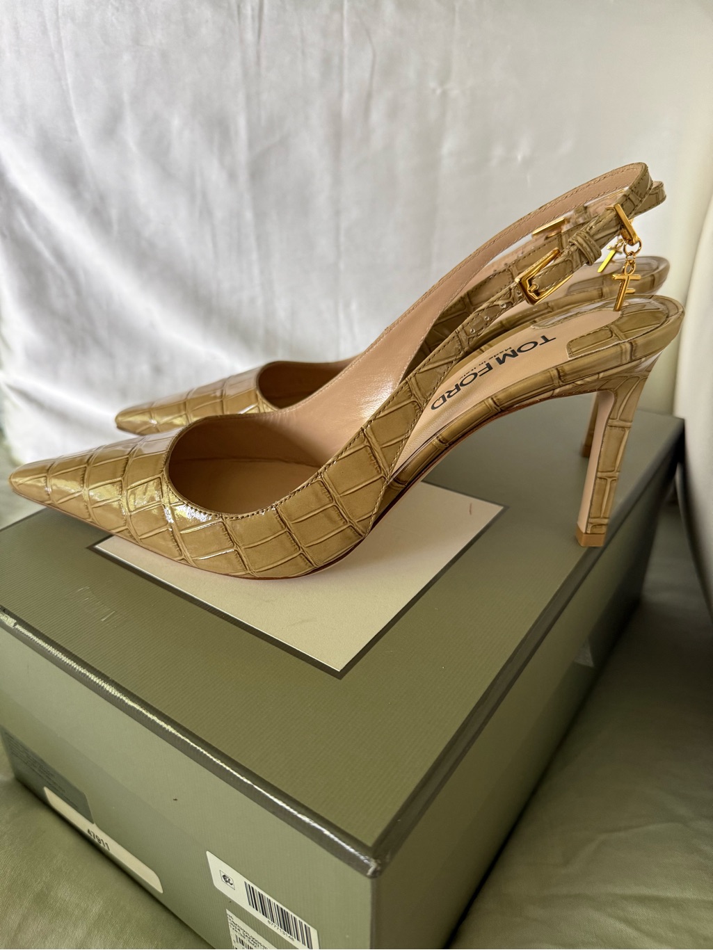 Tom Ford Croc-Embossed Nude Slingback Pumps With Gold Buckle